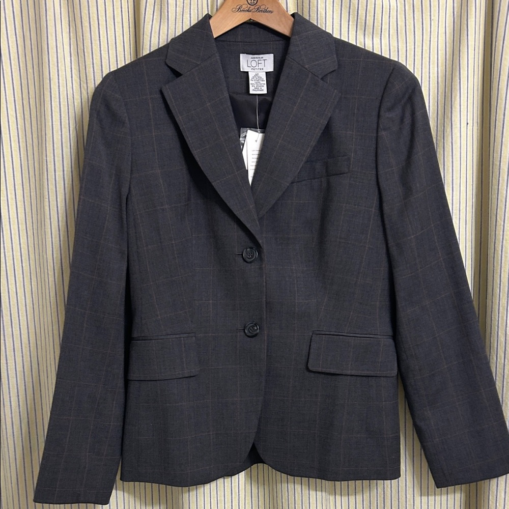 LOFT Women's Wool Dark Gray Plaid Blazer